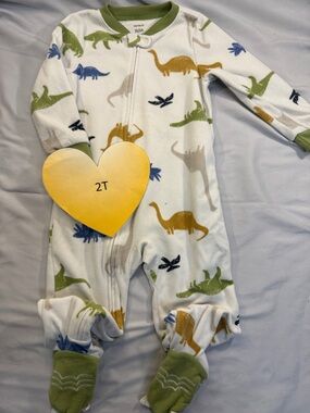 Carter's - NWOT Cream Fleece Onesie Sleeper with Olive Trim and dinosaur pring